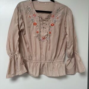 NWOT Japanese Embroidered Lace-Up Beige Top
